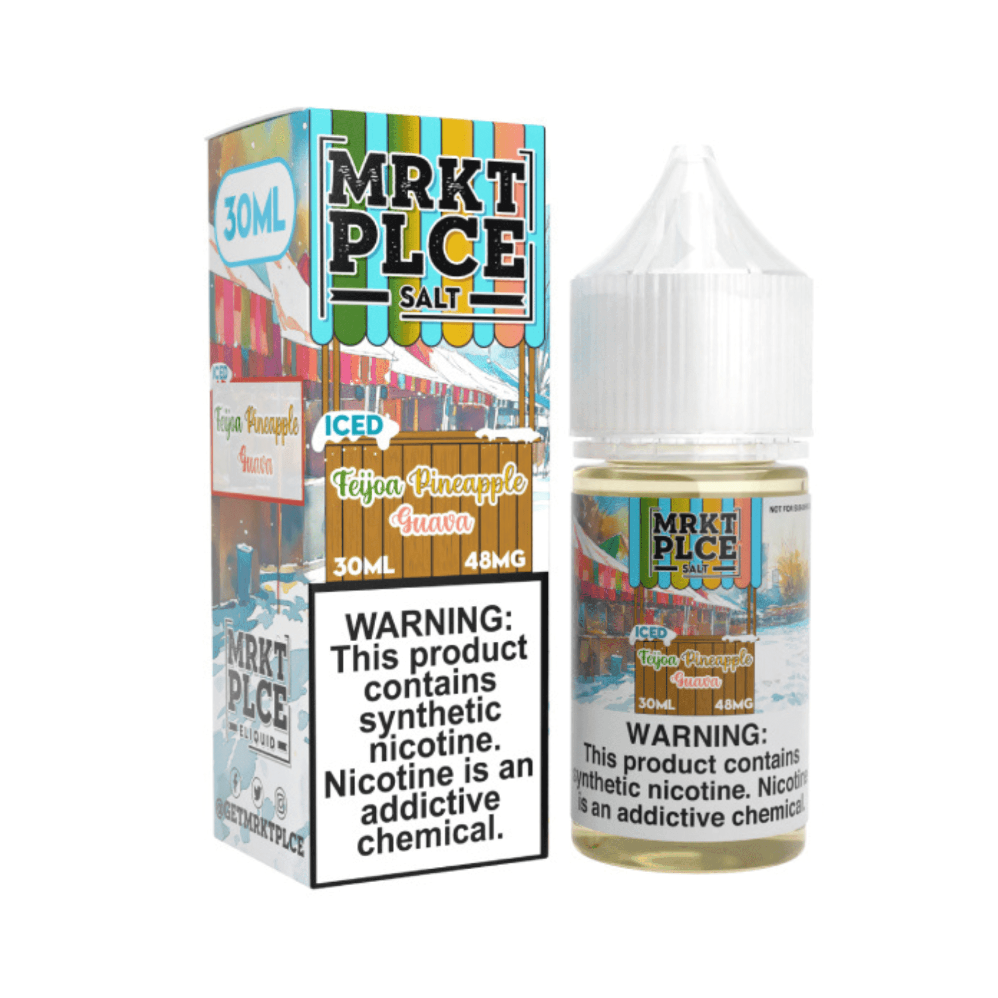 MRKT PLCE Iced Feijoa Pineapple Guava Salt E-liquid in 30mL bottle with refreshing fruit flavor and icy menthol finish