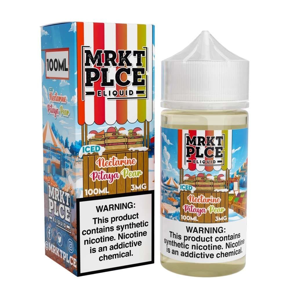 Iced nectarine, pitaya, and pear flavored MRKT PLCE e-liquid bottle, 100mL, with vibrant fruit illustrations.