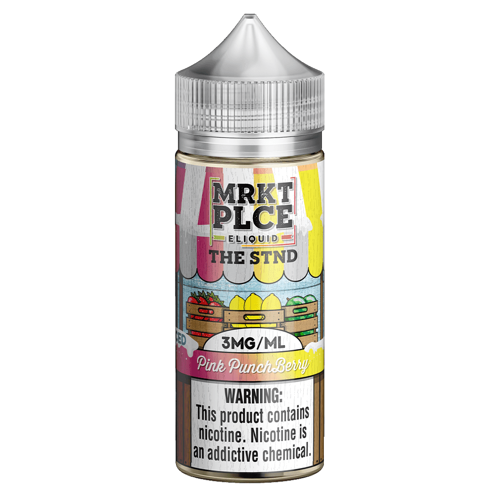 Iced Pink Punchberry MRKT PLCE e-liquid 100mL bottle with vibrant pink and berry flavor design.