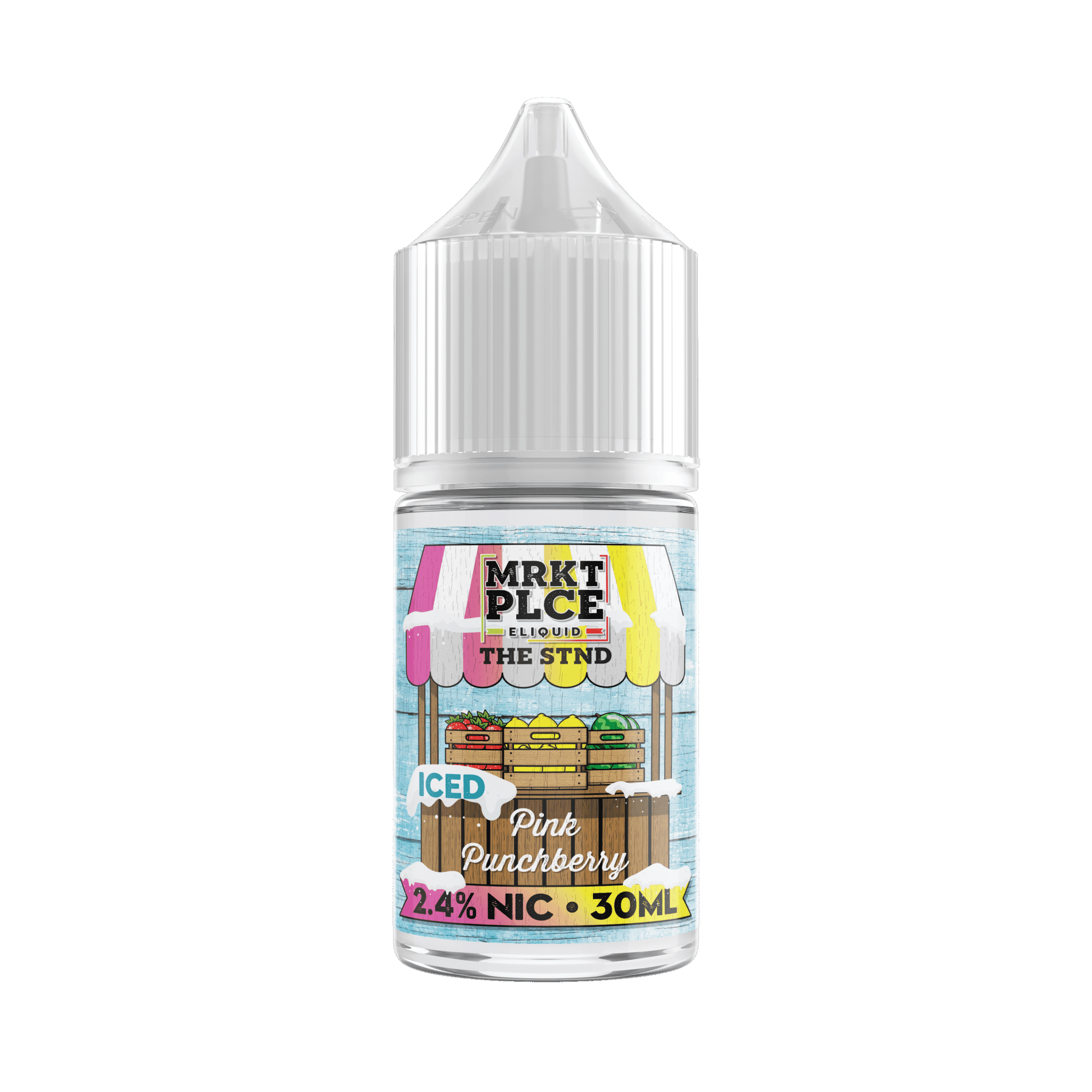 MRKT PLCE Iced Pink Punchberry Salt e-liquid 30mL bottle with vibrant pink and berry flavor design.