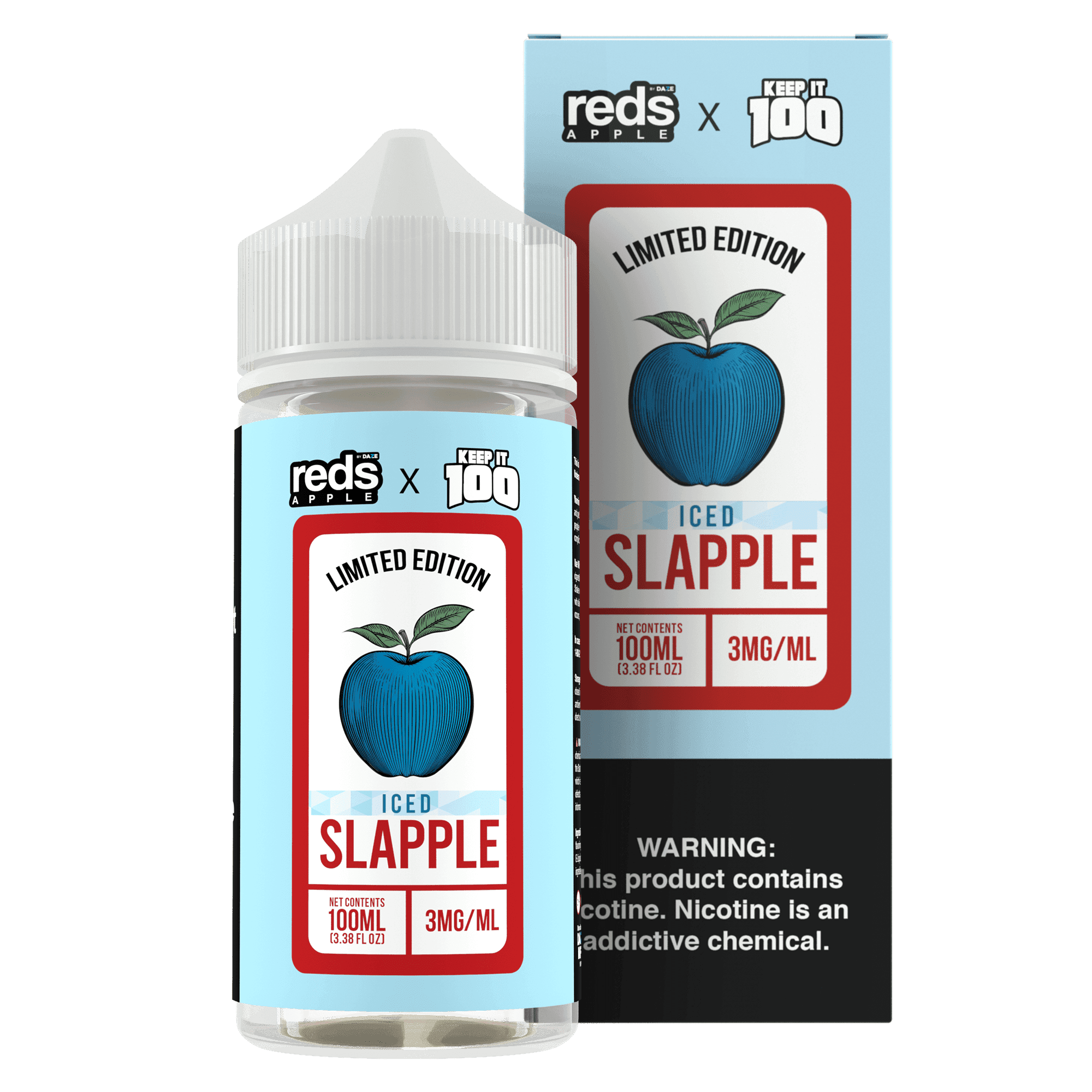 ICED Slapple Red's Apple E-Juice by 7 Daze, 100mL e-liquid with vibrant apple flavor and icy menthol finish.