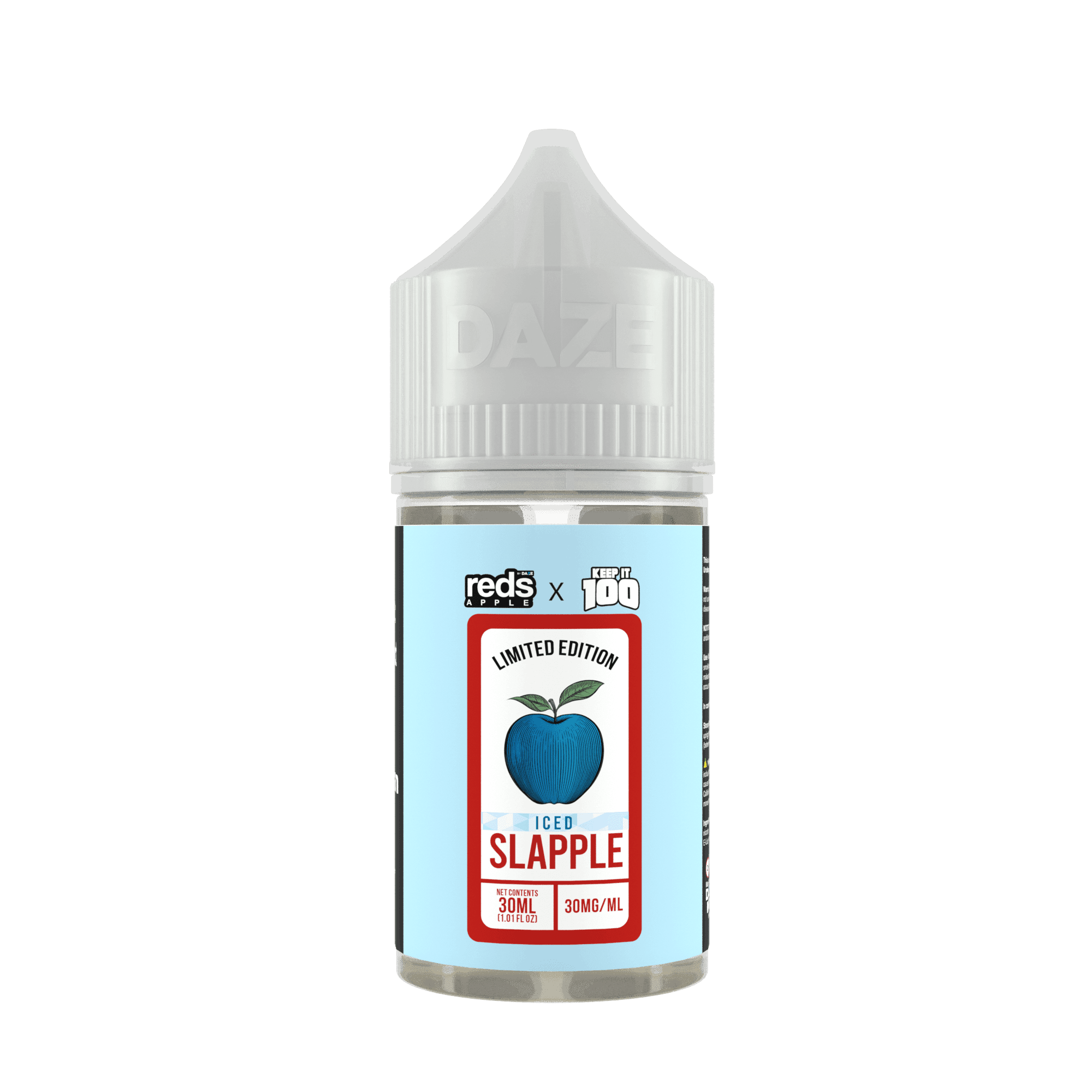 Iced Slapple SALT e-liquid by Red's Apple E-Juice from 7 Daze, 30mL bottle with apple and icy flavor imagery.