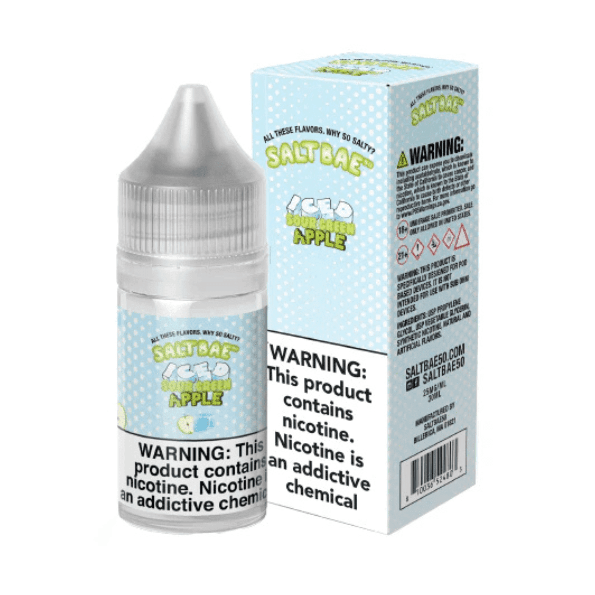 ICED Sour Green Apple Salt E-liquid by Salt Bae 50 in 30mL bottle, featuring icy green apple flavor with salt nicotine.