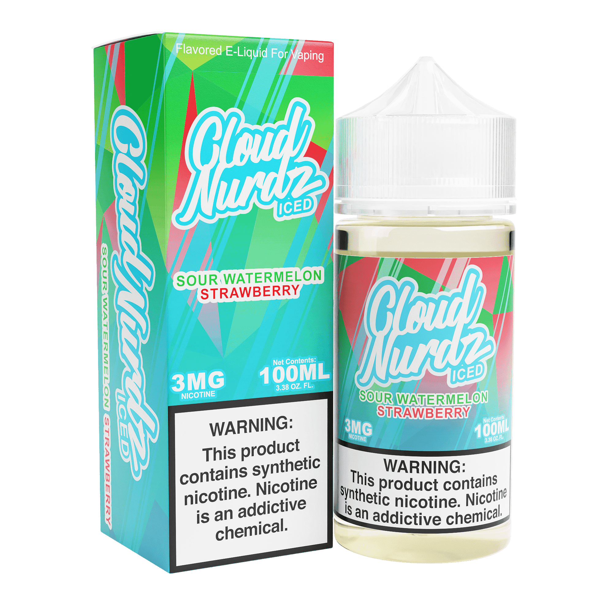 Iced Sour Watermelon Strawberry e-liquid by Cloud Nurdz in a 100mL bottle, featuring a refreshing blend of watermelon and strawberry flavors.