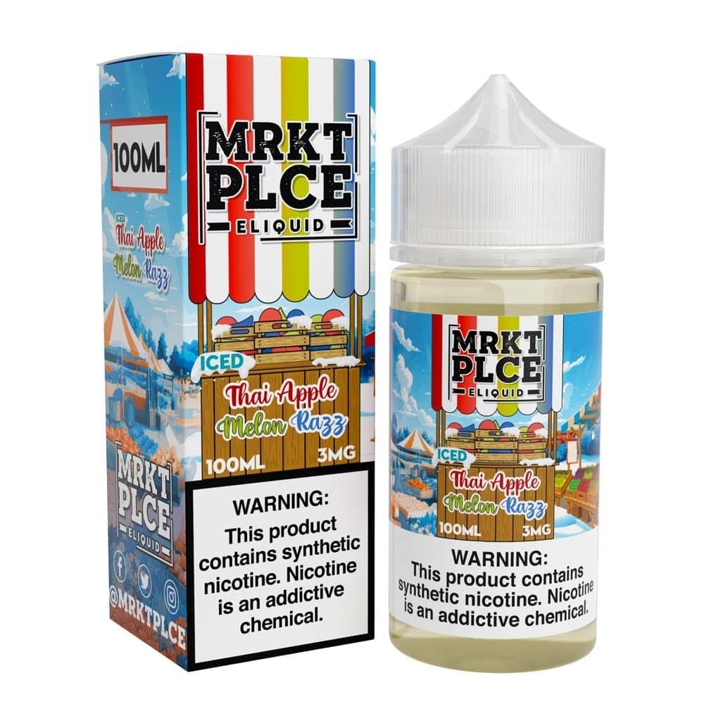 Iced Thai apple melon razz e-liquid by MRKT PLCE in a 100mL bottle, featuring a refreshing blend of fruity flavors.