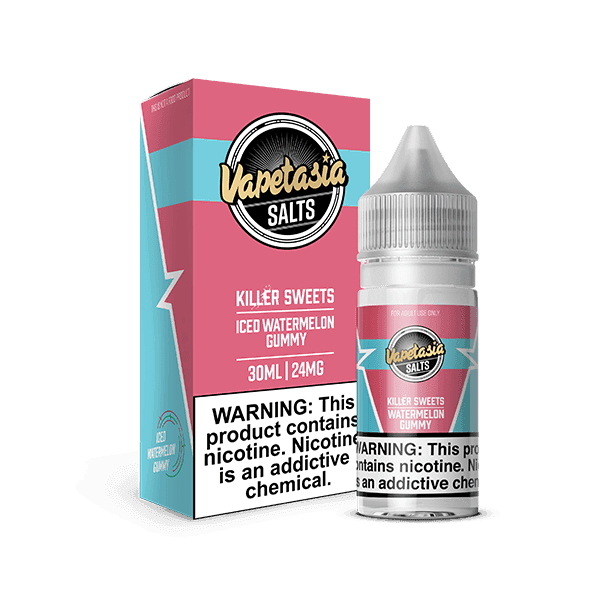 Vapetasia ICED Watermelon Gummy Salt E-liquid 30mL bottle with vibrant watermelon and icy flavor design