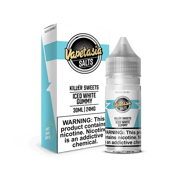 Vapetasia Iced White Gummy SALT e-liquid bottle with white and blue label, 30mL, featuring a gummy candy design on the packaging.