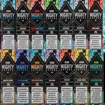 Mighty Vapors Bangin' Bananas e-liquid 60ml bottle with vibrant banana flavor, colorful label, and vapor cloud in the background.