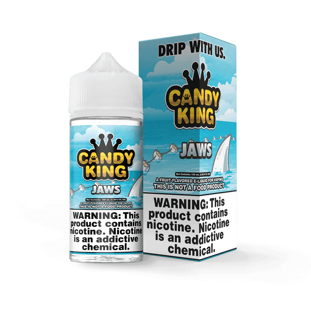 Jaws e-liquid by Candy King in a 100mL bottle, with vibrant packaging and colorful branding for vaping enjoyment.