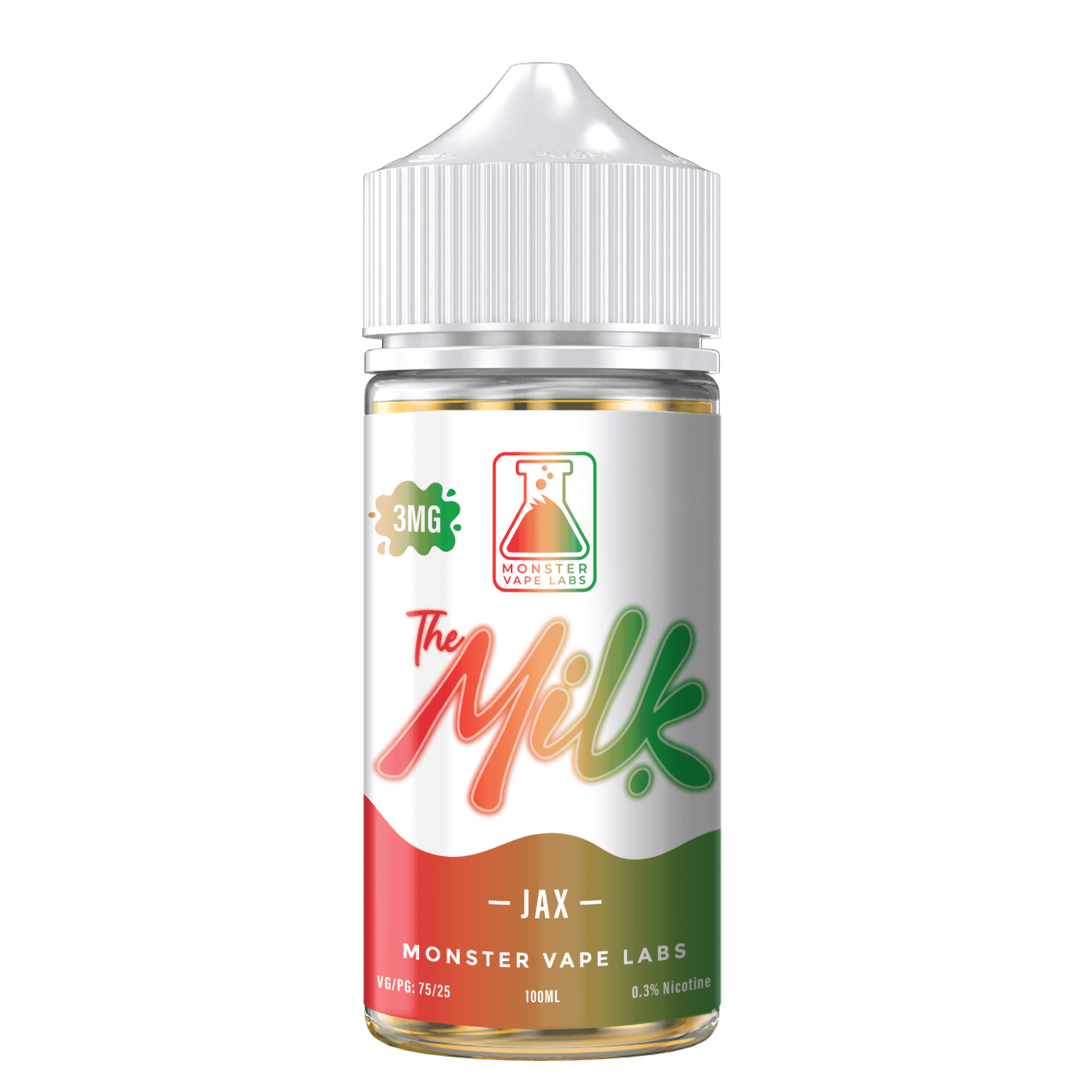 A 100mL bottle of JAX The Milk e-liquid by The Milk E-Liquid, featuring a colorful label with milk and flavor design elements.