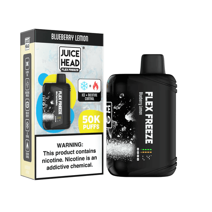 Blueberry Lemon Juice Head Flex Freeze 50K Disposable Vape next to its packaging.
