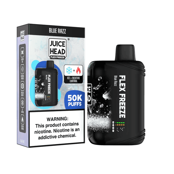 Blue Razz Juice Head Flex Freeze 50K Disposable Vape next to its packaging.