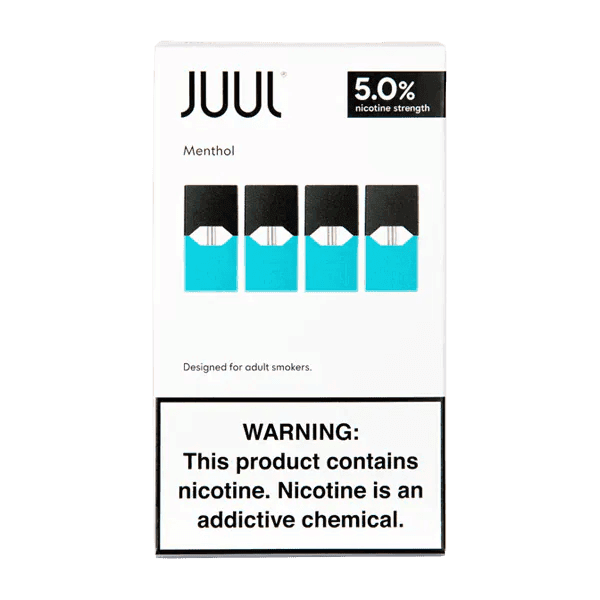 JUUL Menthol Disposable Vape Pods showing sleek packaging and a menthol flavor label, designed for easy vaping use.