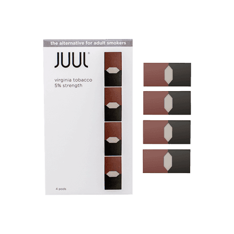 JUUL Virginia Tobacco Disposable Vape Pods showing the sleek cylindrical design and packaging label.