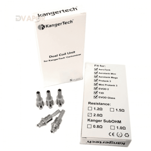 Kangertech New Style Dual Coil V2 atomizer replacement heads for vape devices, showing multiple sub-ohm coils and metal construction.