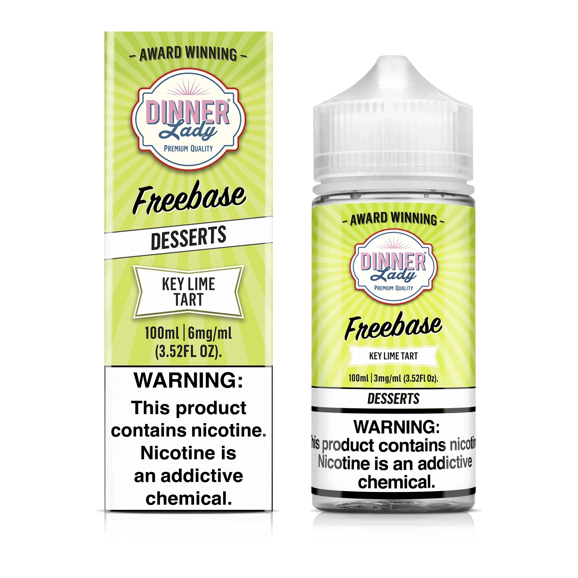 Bottle of Dinner Lady Key Lime Tart e-liquid, 100mL, with vibrant label featuring key lime tart flavor and colorful design.