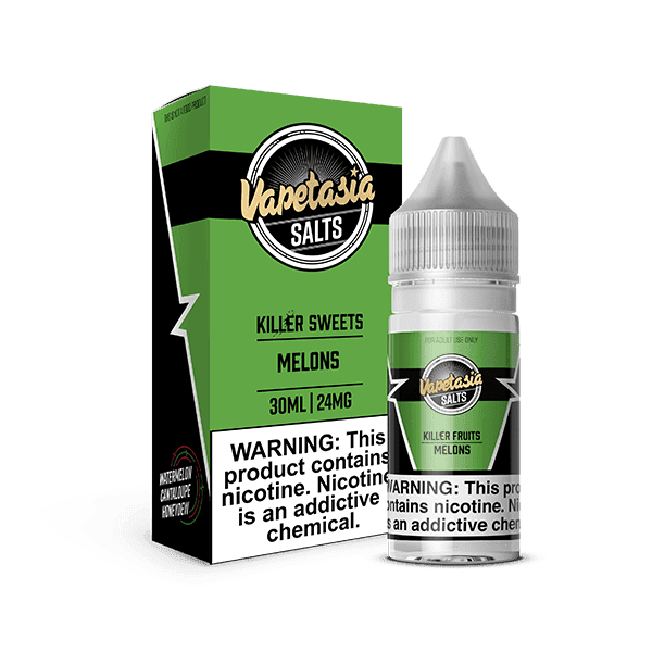 Vapetasia Killer Fruits Melons SALT e-liquid bottle, 30mL with colorful label featuring fresh melon graphics.