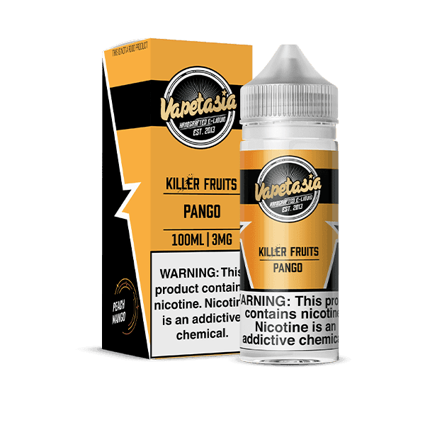 Vapetasia Killer Fruits Pango e-liquid bottle, 100mL size, with colorful label displaying tropical fruit flavors.
