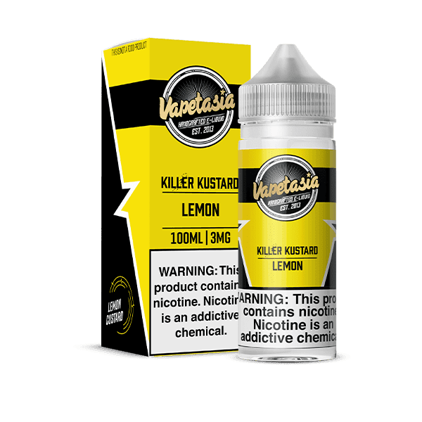 Vapetasia Killer Kustard Lemon e-liquid bottle, 100mL, featuring a yellow label and lemon imagery on the packaging.