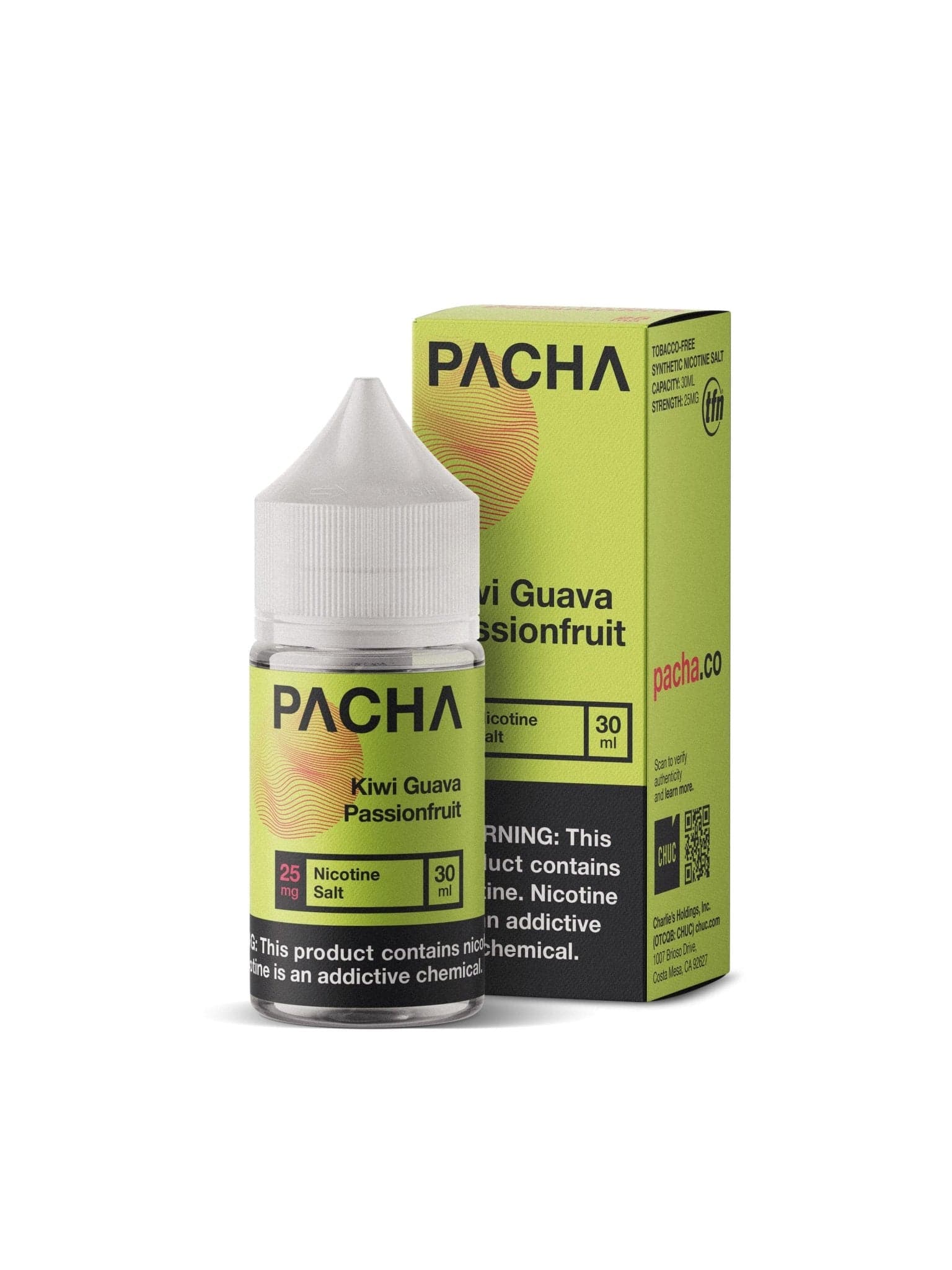 Pachamama Kiwi Guava Passionfruit Salt E-liquid 30mL bottle with vibrant fruit flavor labels on the packaging.