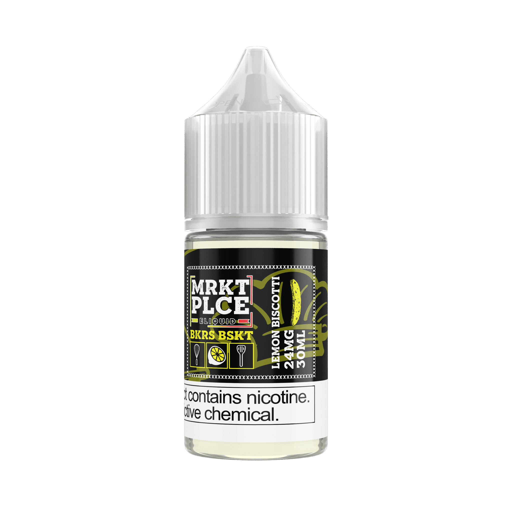 MRKT PLCE Lemon Biscotti Salt E-liquid in 30mL bottle, featuring a lemon and biscotti flavor profile for vaping.