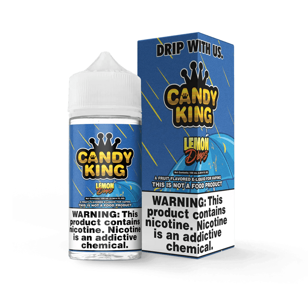 Lemon Drops e-liquid by Candy King in a 100mL bottle, showcasing bright yellow lemon-flavored candy design.