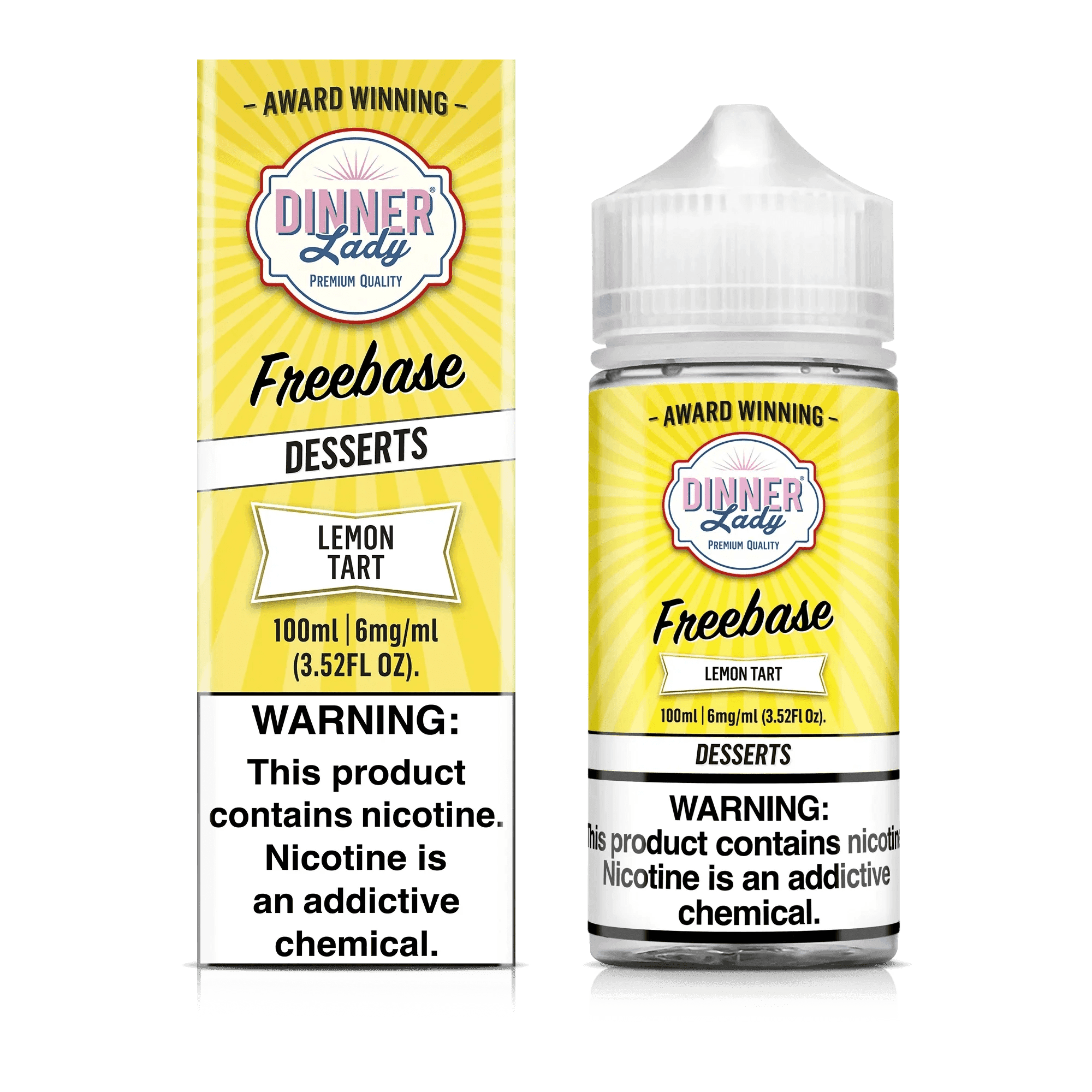 Lemon Tart Dinner Lady e-liquid bottle, 100mL, featuring a lemon tart flavor with vibrant branding and colorful packaging.