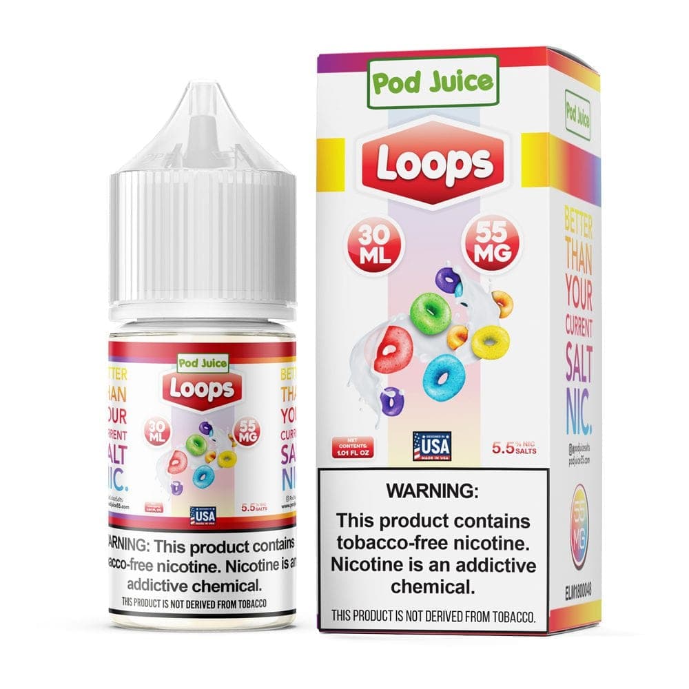 Loops SALT e-liquid by Pod Juice in a 30mL bottle, featuring vibrant packaging and the product label visible.