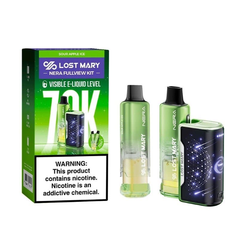 Lost Mary NERA 70K disposable vape kit with two pods, sleek design and compact size, ideal for on-the-go vaping.