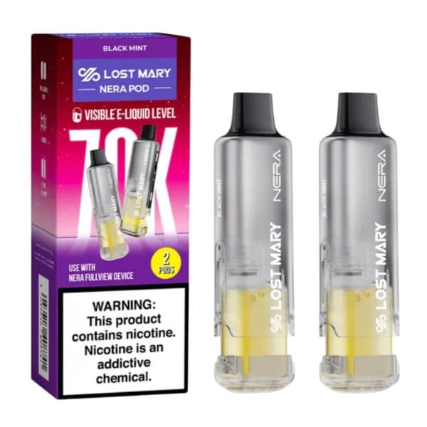 Black Mint Lost Mary NERA 70K Disposable Pods 2-Pack next to its packaging.
