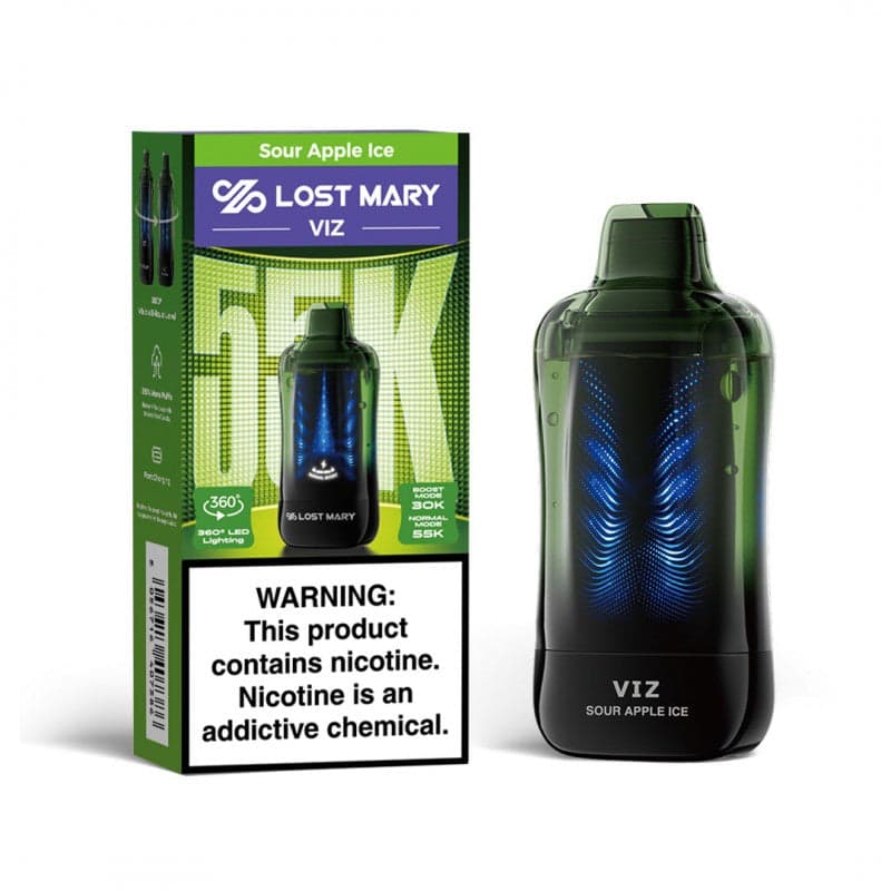 Lost Mary VIZ 55K Sour Apple Ice disposable vape and packaging box