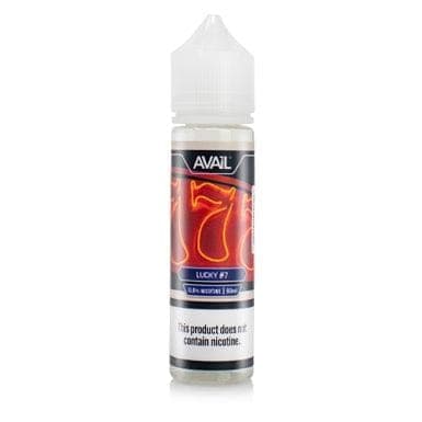 Bottle of Lucky #7 AVAIL Vapor e-liquid in a 60mL bottle with a colorful label and dropper cap.
