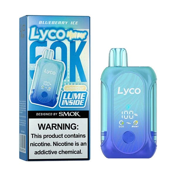 LYCO Mini Box 50K disposable vape in blueberry ice flavor, featuring sleek blue design and compact handheld size.
