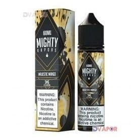 Mighty Vapors Majestic Mango e-liquid bottle, 60ml with colorful label, featuring fresh mango imagery.
