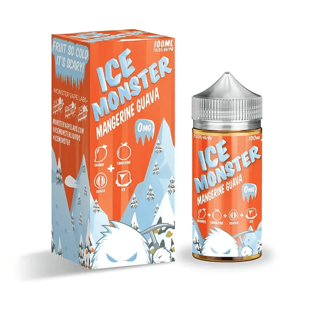 Mangerine Guava ICE Monster e-liquid 100mL bottle featuring vibrant label with images of tangerine and guava fruit