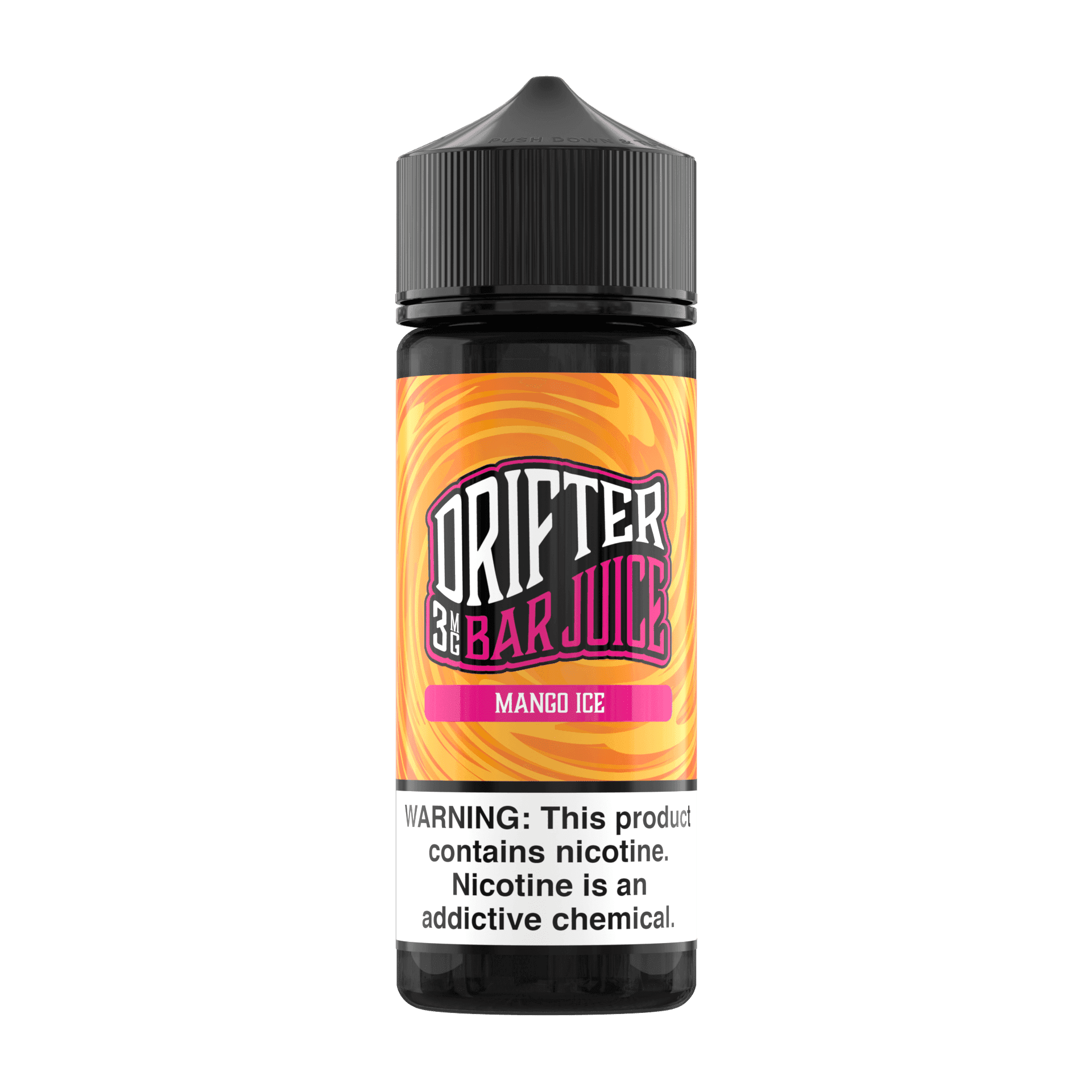 Bottle of Mango ICE Drifter E-Liquid 120mL with tropical mango and cool menthol flavor on a white background.