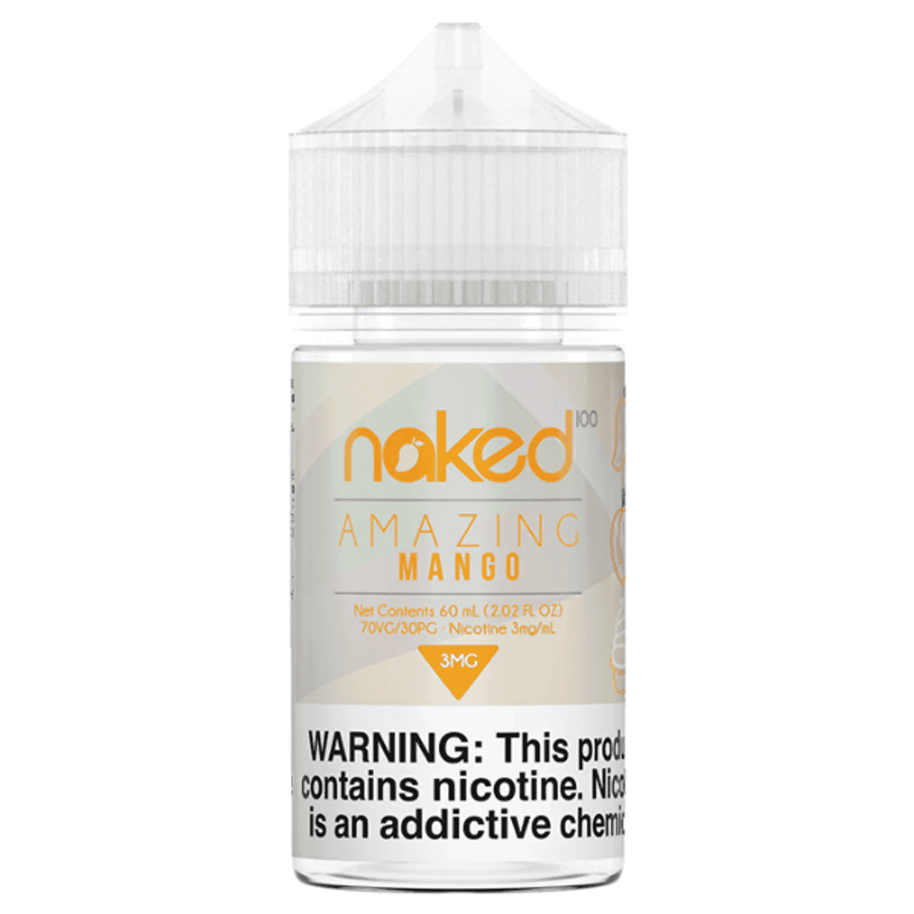 Naked 100 Mango e-liquid bottle, 60mL size, with vibrant mango illustration on the label, ideal for vaping enthusiasts.