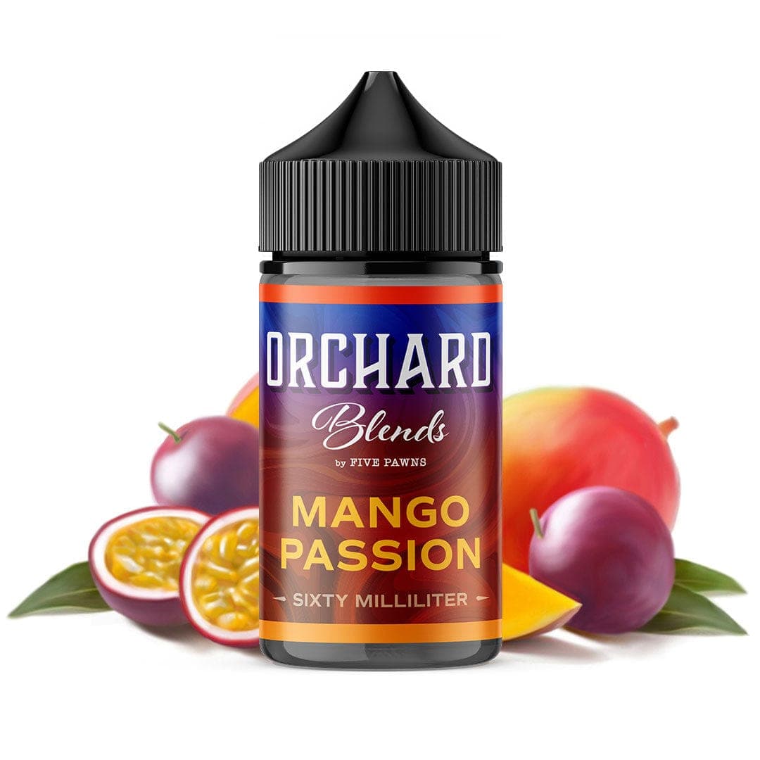 Mango Passion E-liquid by Five Pawns, Orchard Blends 60mL bottle, vibrant mango and passion fruit flavor liquid for vaping.