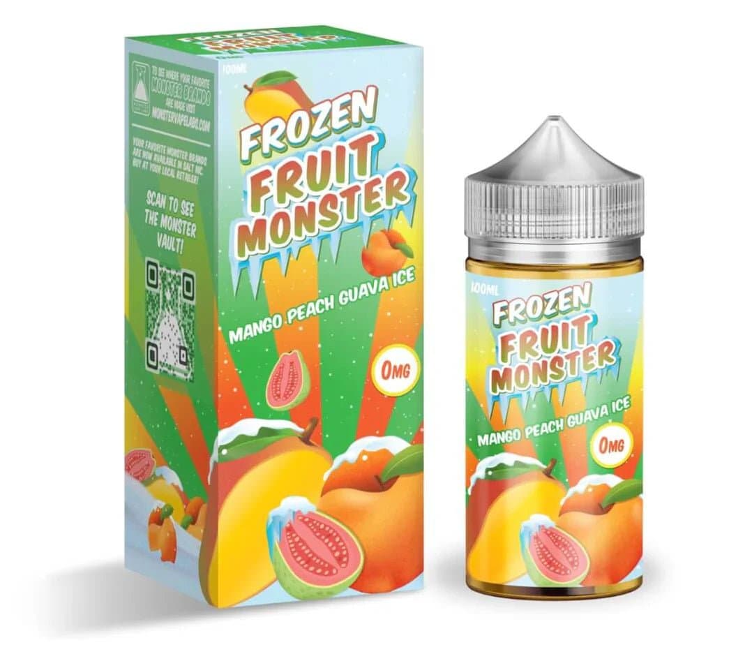Mango Peach Guava ICE e-liquid by Fruit Monster in a 100mL bottle, featuring vibrant mango, peach, guava, and icy flavor elements.