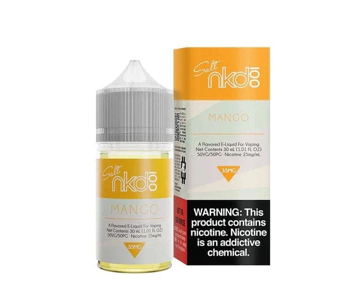 Naked 100 Mango SALT e-liquid bottle, 30mL, with vibrant mango flavor and salt nicotine, designed for vaping.