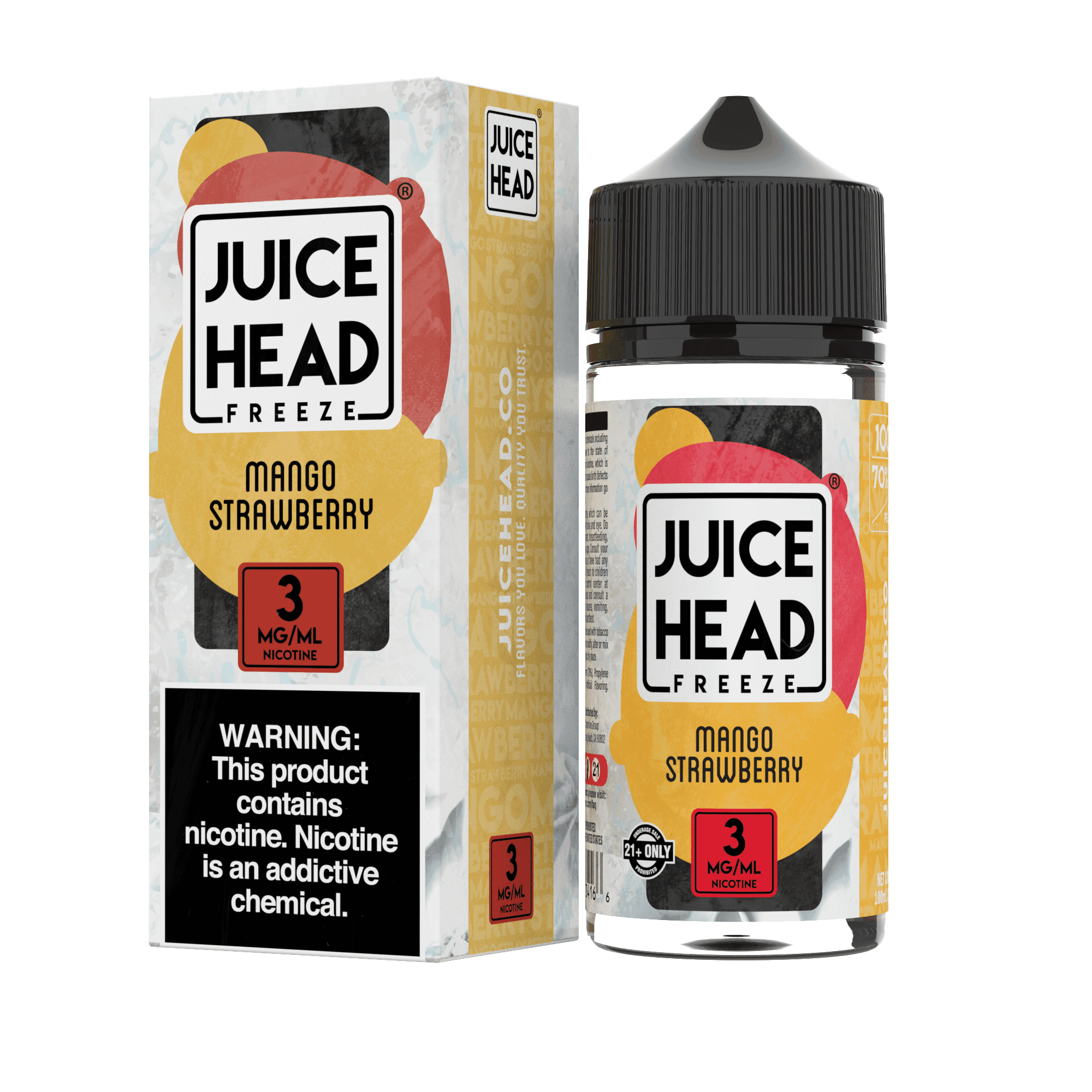 Juice Head Mango Strawberry Freeze e-liquid 100mL bottle with vibrant mango and strawberry flavor illustration.