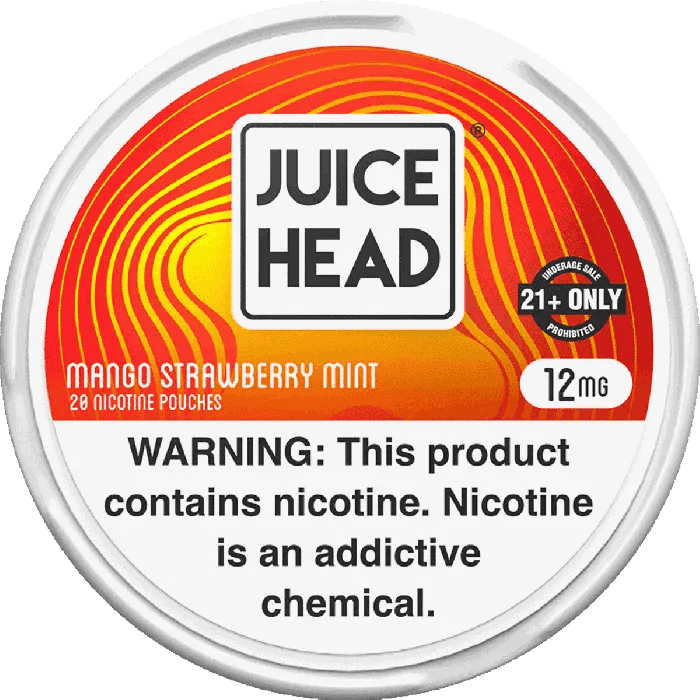 Juice Head Mango Strawberry Mint nicotine pouch pack containing 20 pouches with tropical fruit and mint flavor.