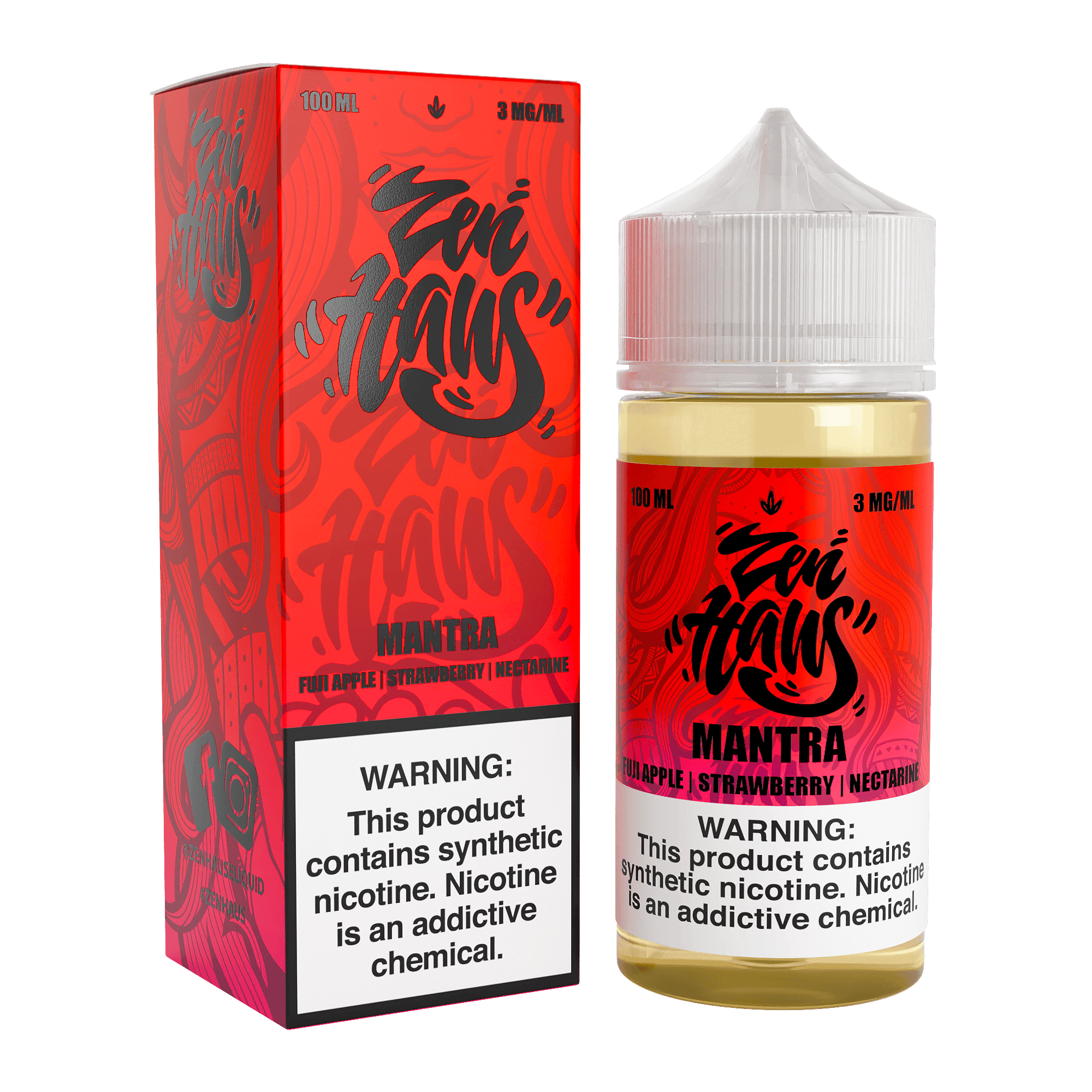Zen Haus Mantra vape juice 100mL bottle with 3mg nicotine, showcasing colorful packaging and branding on a white background.