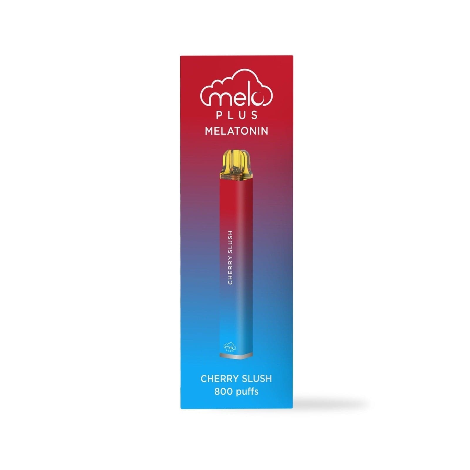 Melo Plus Melatonin-infused disposable vape with zero nicotine, 800 puffs, featuring sleek design and branding by Melo Labs.