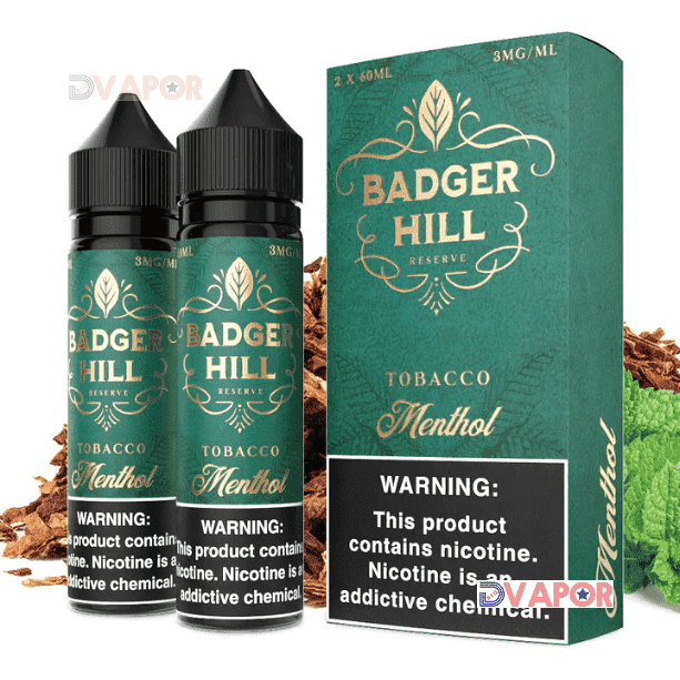 Bottle of Menthol Badger Hill Reserve e-liquid by Verdict Vapors in 120ML bottle, featuring clear labeling and colorful design.