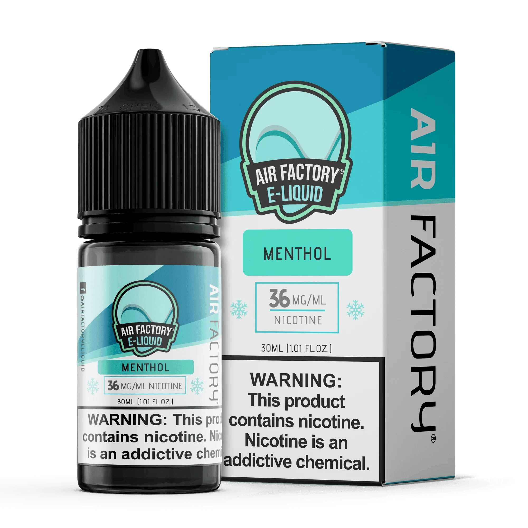 Menthol SALT e-liquid by Air Factory in 30mL bottle, featuring a cooling menthol flavor for vaping.
