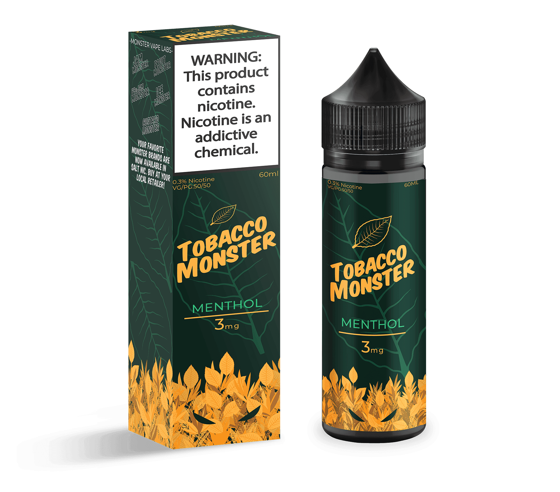 Bottle of Tobacco Monster Menthol tobacco e-liquid, 100mL size, with colorful label featuring menthol and tobacco imagery