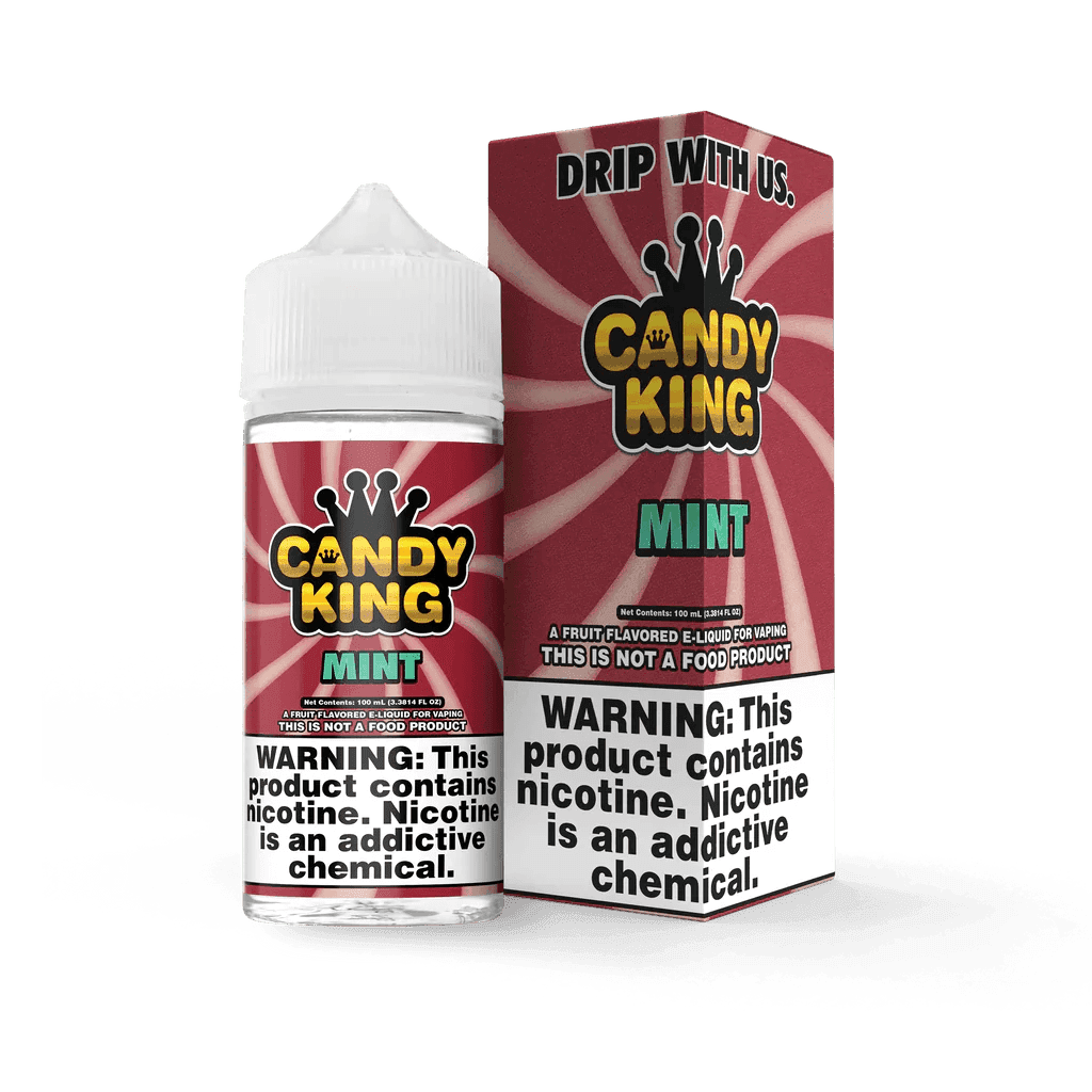 Mint-flavored Candy King 100mL e-liquid bottle with vibrant mint design and clear labeling on a white background.