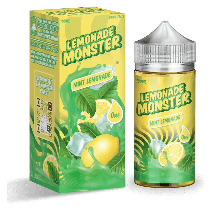Mint Lemonade Lemonade Monster 100mL e-liquid bottle with mint and lemon flavor, clear label and colorful packaging.