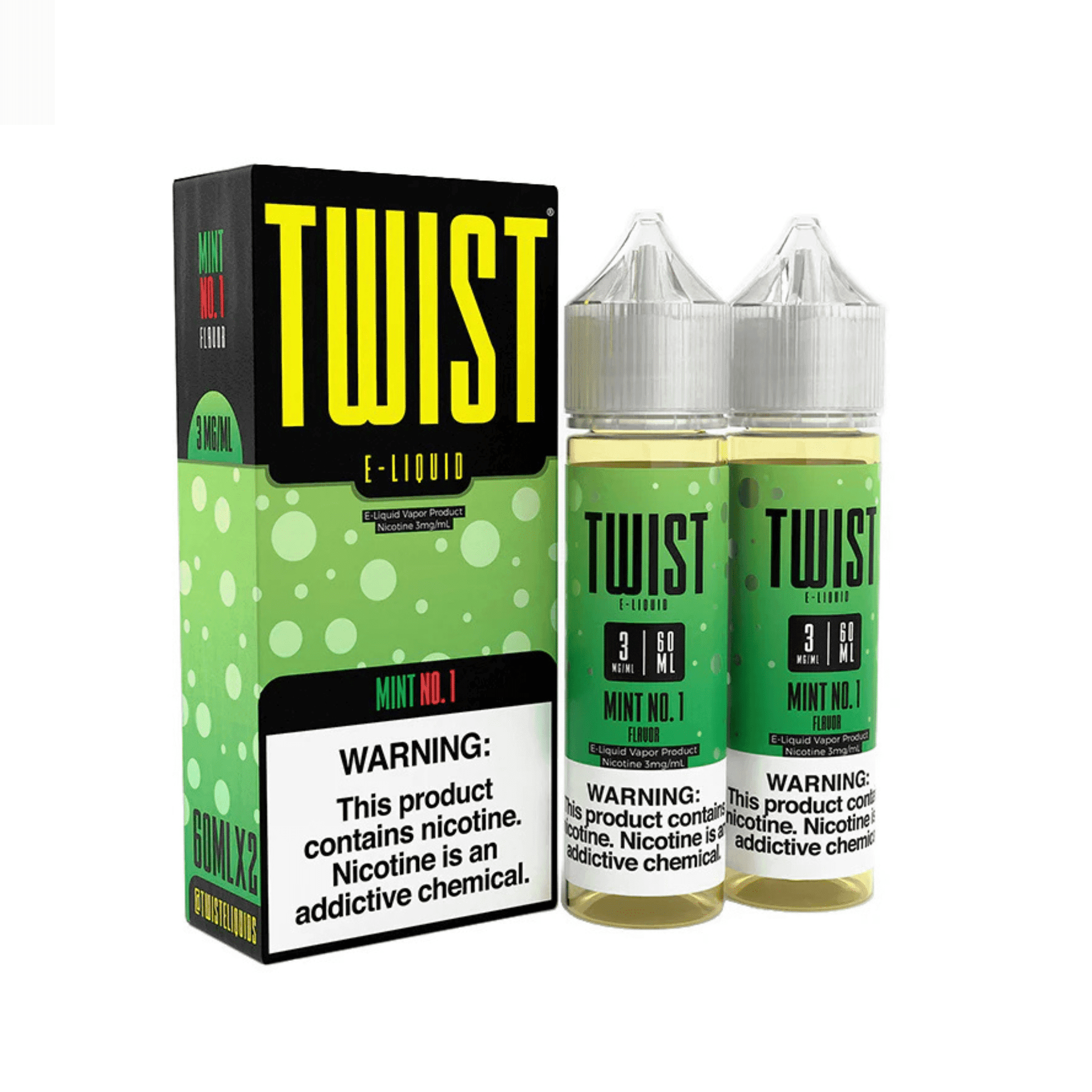 Bottle of Mint No. 1 Twist E-Liquids 120mL e-liquid with mint flavor in a clear plastic bottle with a black cap.